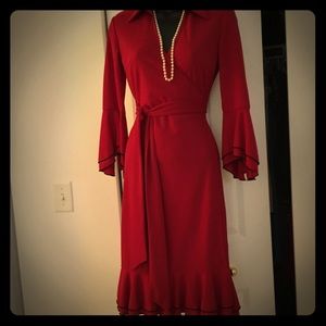 Dress, red w/navy piping; knee length, wrap style